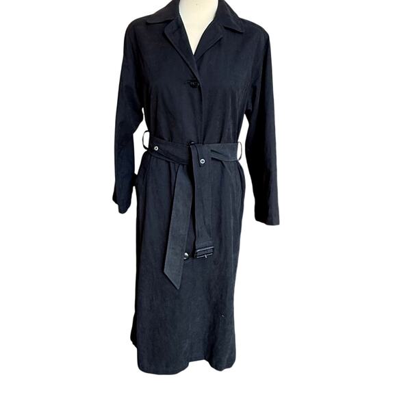 VTG 90s London Fog Trench Coat Womens 2 Petite Black Preppy Minimalist Long - Picture 1 of 8